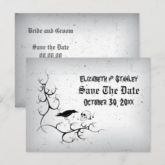 Raven schedel Halloween Gothic bruiloft Save the D Aankondigingskaart (Voorkant / Achterkant)