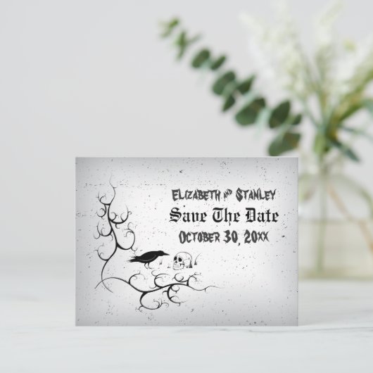 Raven schedel Halloween Gothic bruiloft Save the D Aankondigingskaart (Staand voorkant)