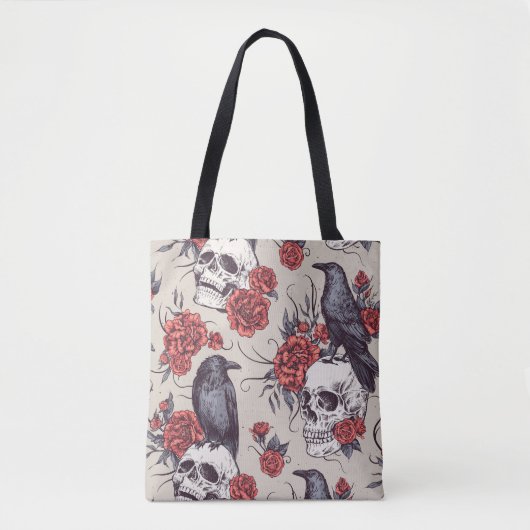 Raven, schedels en bloemen tote bag (Voorkant)