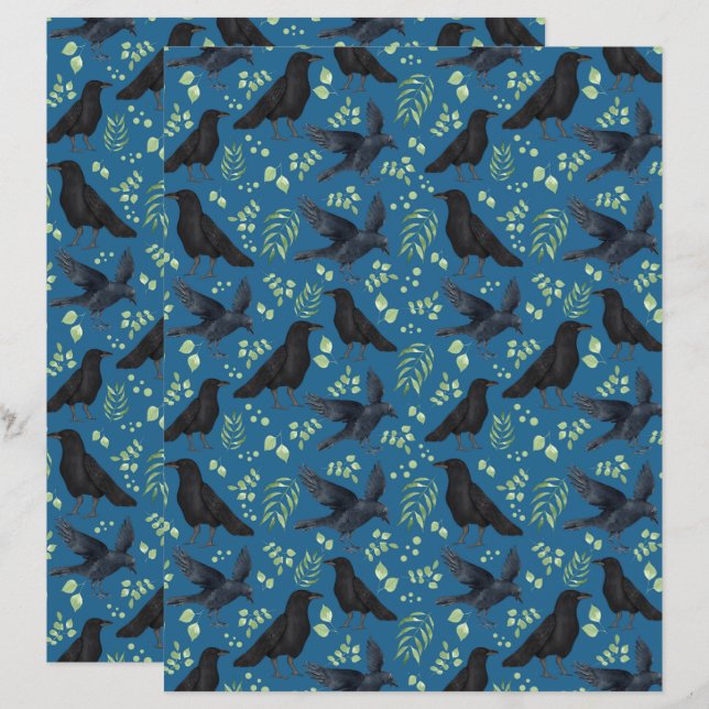 Raven Scrapbook Papier in Blauw (Voorkant / Achterkant)
