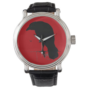  Raven Silhouet Zwart Rood Ravens Kraaien Horloge