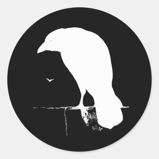 Raven Silhouette White op zwart - Aangepast Ronde Sticker (Voorkant)