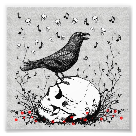Raven Sings Song Death on Skull Illustration Foto Afdruk (Voorkant)