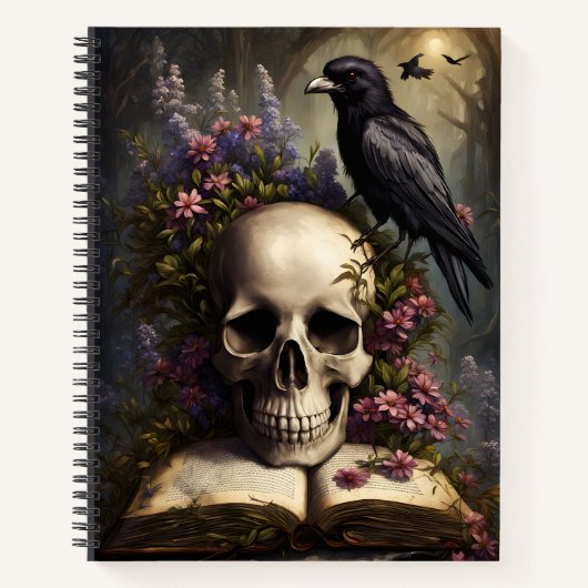 Raven Skull Boek en Bloemen Gotisch notitieboek (Voorkant)