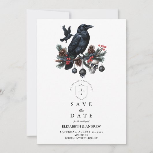 Raven Skull Gothic Holiday Wedding Save The Date (Voorkant)