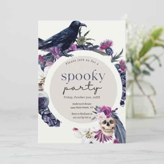 Raven & Skull Halloween uitnodiging (Staand voorkant)