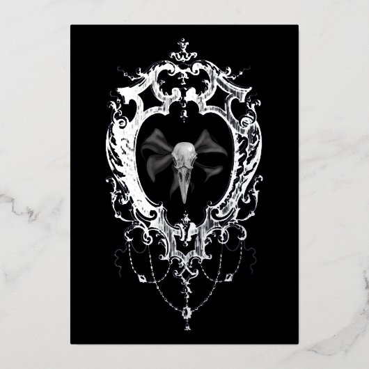 Raven Skull Silver Frame Goth Wedding Folie Uitnodiging (Voorkant)
