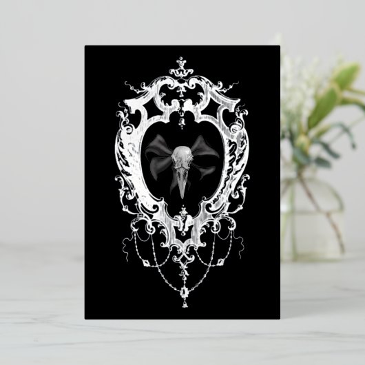 Raven Skull Silver Frame Goth Wedding Folie Uitnodiging (Staand Voorkant)