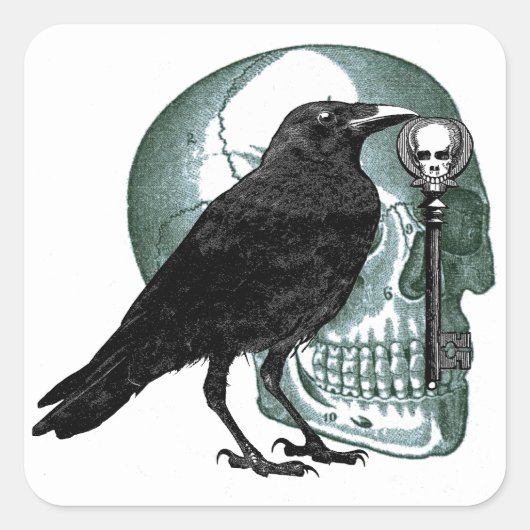 Raven Skull Skeleton Key Vierkante Sticker (Voorkant)