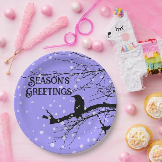 Raven Snow Winter Seasons Greetings Papieren Bordje (Feest)