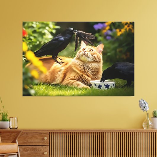 Raven spelen met kattenveren canvas afdruk (Insitu (Woonkamer))