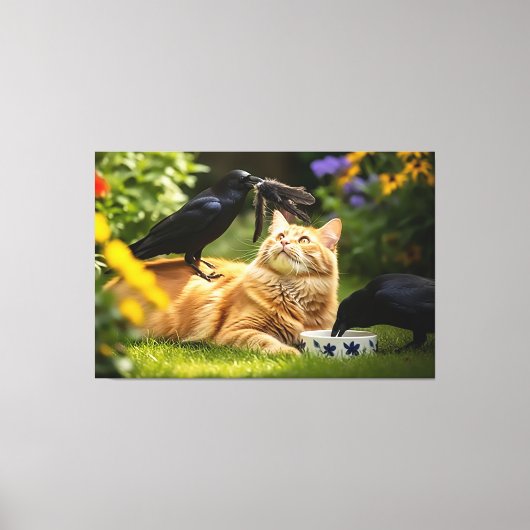 Raven spelen met kattenveren canvas afdruk (Voorkant)