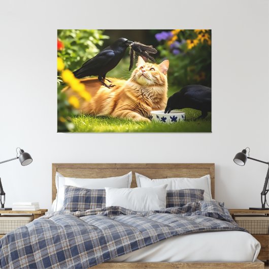 Raven spelen met kattenveren canvas afdruk (Insitu (Slaapkamer))