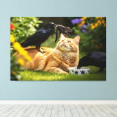 Raven spelen met kattenveren canvas afdruk (Insitu (Houten vloer))