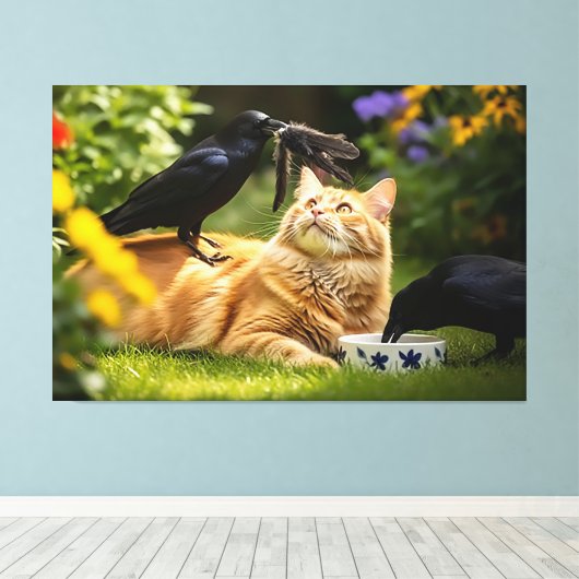 Raven spelen met kattenveren canvas afdruk (Insitu (Houten vloer))