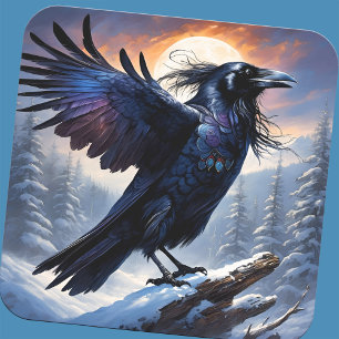 Raven Spirit Winter Solstice Volle Maan Bos Vogel Vierkante Sticker