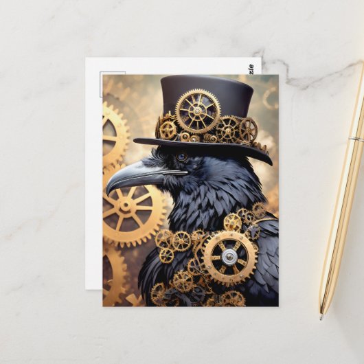 Raven Steampunk Gears Art Briefkaart (Voorkant / Achterkant in situ)