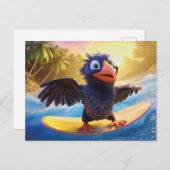Raven Surfing In Tropical Paradise With Palm Trees Briefkaart (Voorkant / Achterkant)
