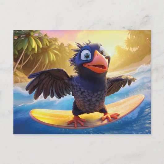 Raven Surfing In Tropical Paradise With Palm Trees Briefkaart (Voorkant)