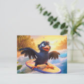 Raven Surfing On Tropical Beach With Wings Spread Briefkaart (Staand voorkant)