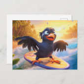 Raven Surfing On Tropical Beach With Wings Spread Briefkaart (Voorkant / Achterkant)