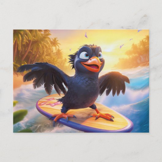 Raven Surfing On Tropical Beach With Wings Spread Briefkaart (Voorkant)