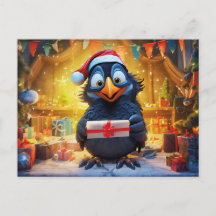 Raven With Santa Hat And Gift In Festive Scene