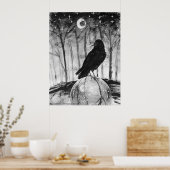 Raven (zwarte vogel) in bossen met maan en sterren poster (Keuken)