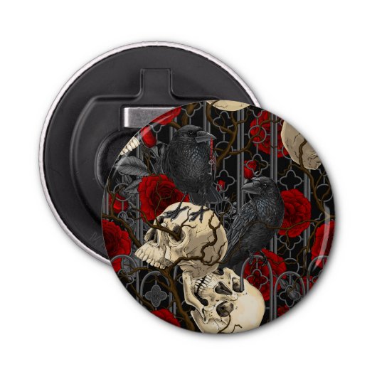 Ravens geheim. Donkere en humeurige gotische illus Button Flesopener (Voorkant)