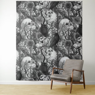 Ravens geheim. Donkere en humeurige gotische illus Wandkleed