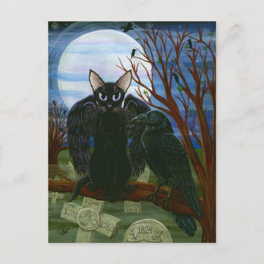 Raven's Moon Black Cat Crow Gothic Art Briefkaart (Voorkant)