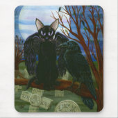 Raven's Moon Black Cat Crow Gothic Art Mousepad Muismat (Voorkant)