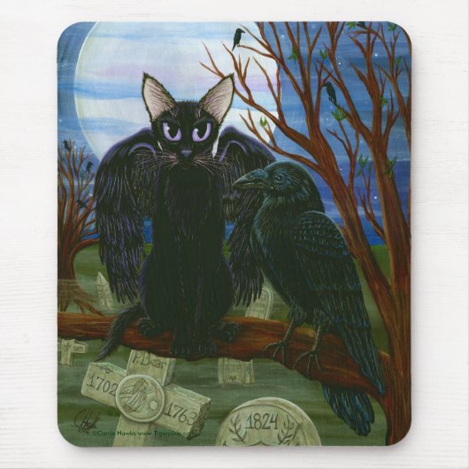 Raven's Moon Black Cat Crow Gothic Art Mousepad Muismat (Voorkant)