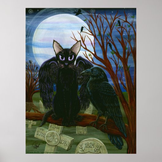 Raven's Moon Black Cat Crow Gothic Art Poster (Voorkant)