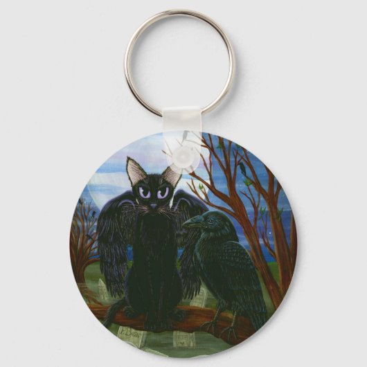 Raven's Moon Black Cat Crow Gothic Art Sleutelhang Sleutelhanger (Voorkant)