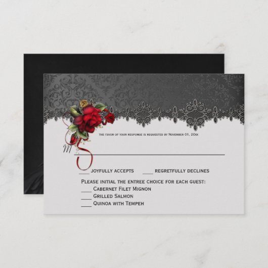 Ravens Red Roses Gray Black Damask RSVP (Voorkant / Achterkant)