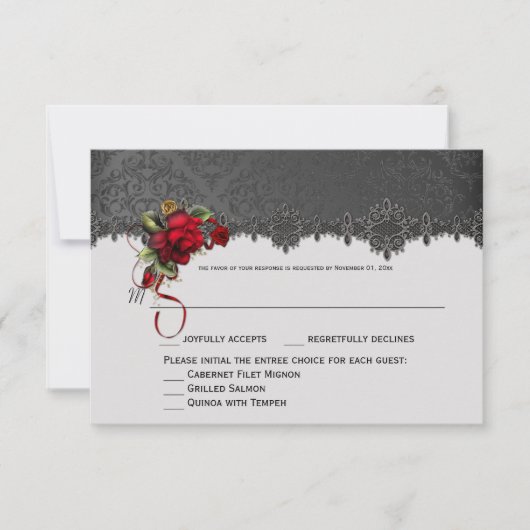 Ravens Red Roses Gray Black Damask RSVP Kaartje (Voorkant)