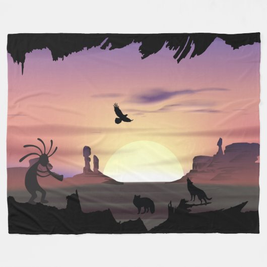 Ravens Wolves Animals Kokopelli Southwest Fleece Deken (Voorkant (Horizontaal))
