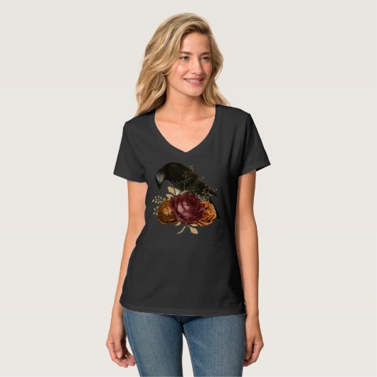 Ravenwood Floral Crow Raven Women's V-Neck T-Shirt (Voorkant volledig)