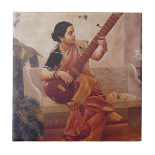 Ravi Varma schilder-dame met sitarThis Tegeltje