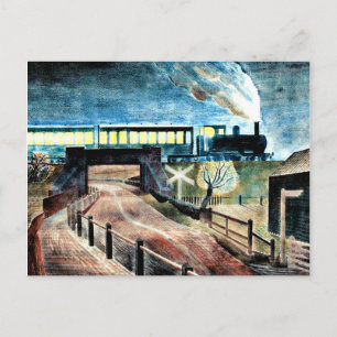 Ravilious art, Train die overheen Bridge 's nachts Briefkaart