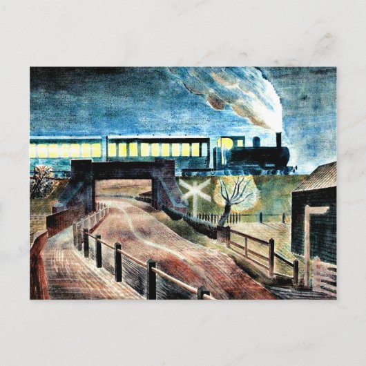 Ravilious art, Train die overheen Bridge 's nachts Briefkaart (Voorkant)