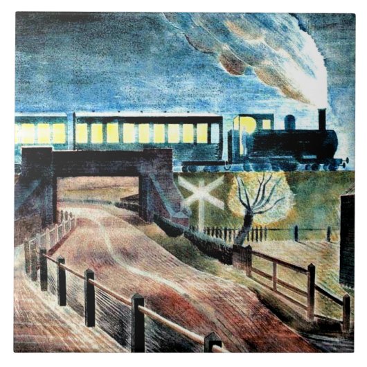 Ravilious, Trein rijdt 's nachts over brug Tegeltje (Voorkant)