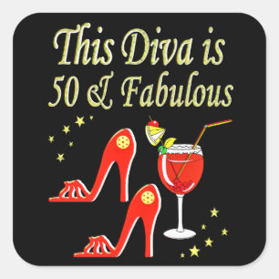 RAVISHING RODE MARTINI EN HAKKEN 50E VERJAARDAG VIERKANTE STICKER