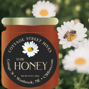 Raw Honey 3D Gold met Daisy en Bee op zwart Ronde Sticker