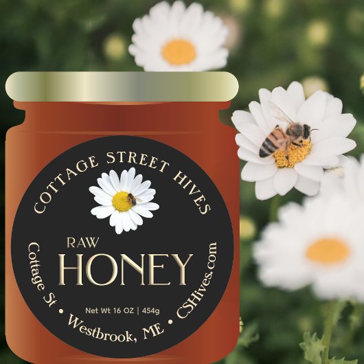 Raw Honey 3D Gold met Daisy en Bee op zwart Ronde Sticker