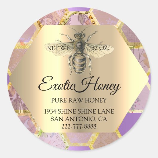 Raw Honey Jar Honeybee Honeycomb Bee Apiary Paarse Ronde Sticker (Voorkant)