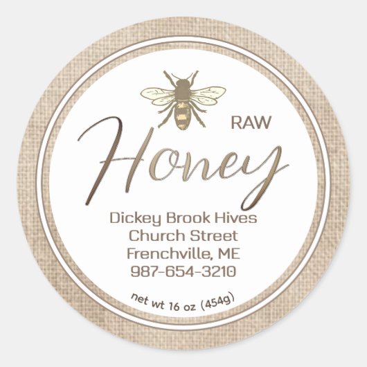 RAW HONEY Label Muslin Burlap  Bee (Voorkant)