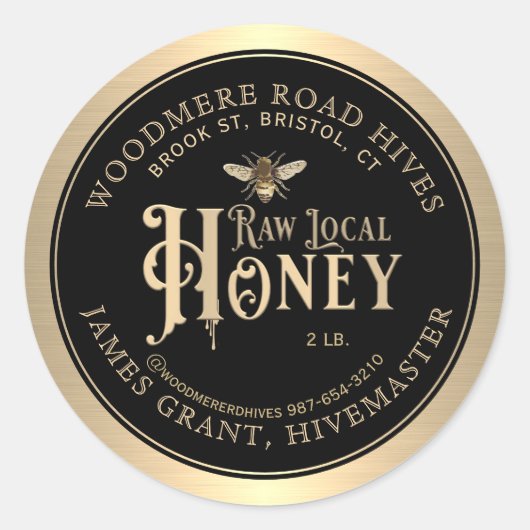 Raw Local Honey Custom Label met Bee Black Gold (Voorkant)