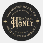 Raw Local Honey Custom Label met Bijen op Zwart (Voorkant)